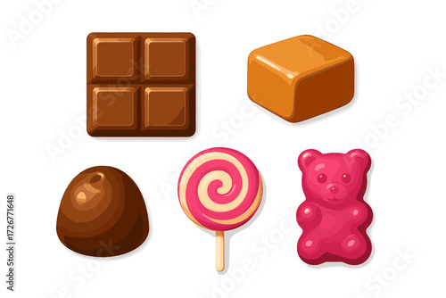 Assortment of various candies and chocolates including a chocolate bar, caramel, truffle, lollipop, and gummy bear