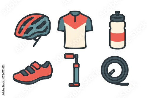 Cycling gear and accessories set including helmet, jersey, shoes, pump, bottle, and lock for outdoor sports