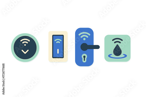 Smart home automation devices including wireless thermostat, light switch, door lock, and water sensor