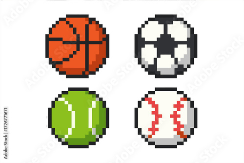 Collection of pixel art sports balls featuring basketball, soccer, tennis, and baseball on a clean white background