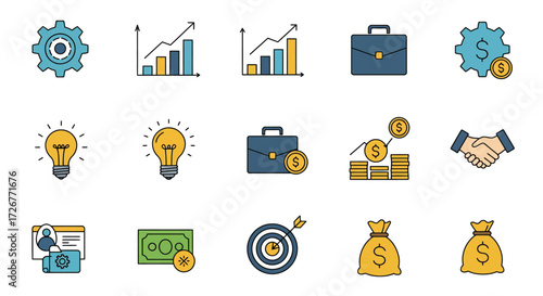 A crisp and modern flat design vector icon pack illustrating essential business operations, strategic planning, and financial growth concepts. Perfect for corporate presentation.
