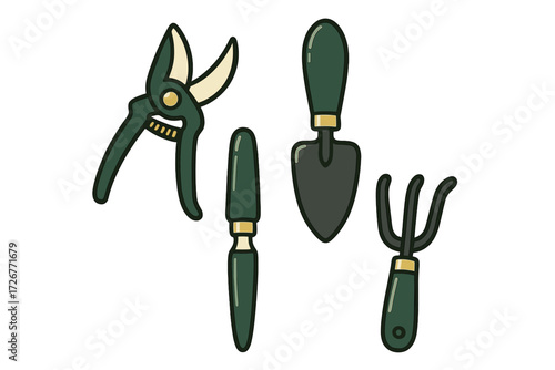 Collection of essential gardening hand tools including shears, trowel, and fork for planting, digging, and cultivation tasks