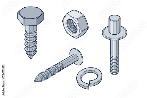 Assortment of metal fasteners including screws, nuts, bolts, and washers for construction and industrial use