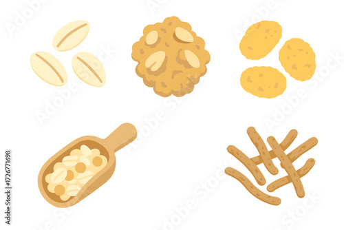 Assortment of healthy breakfast ingredients and baked goods: oat flakes, cookies, and various grain-based snacks