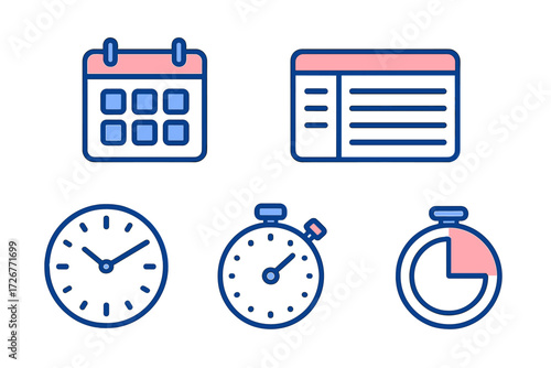 Collection of time management, scheduling, and productivity symbols with calendar, clock, stopwatch, and timer elements