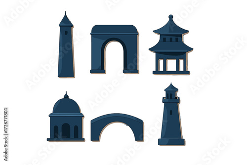 Stylized architectural landmarks featuring towers, arches, pagodas, domes, bridges, and lighthouses representing global monuments