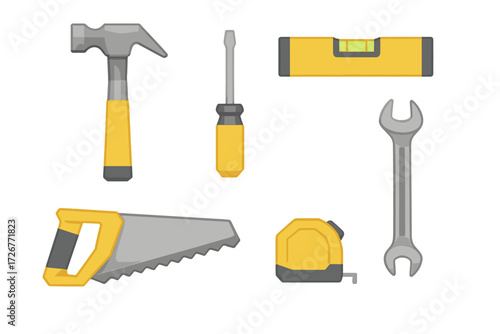Collection of common hand tools: hammer, screwdriver, saw, level, tape measure, wrench