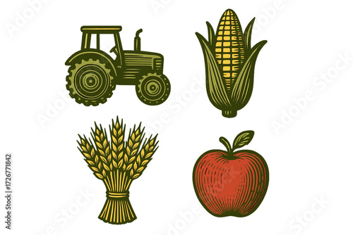 Collection of rural farming icons featuring a green tractor, golden wheat, ripe corn, and a vibrant red apple, symbolizing agriculture and harvest