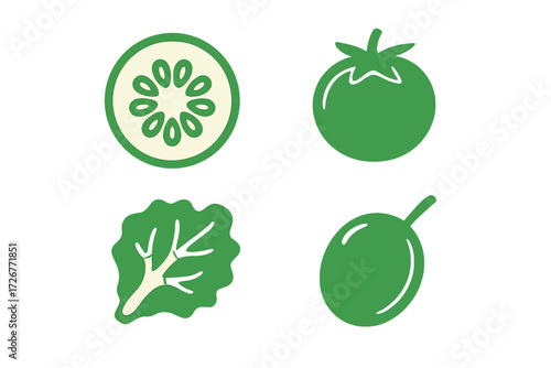 Assortment of fresh green vegetables and healthy salad ingredients including crisp cucumber, ripe tomato, vibrant lettuce, and a single olive