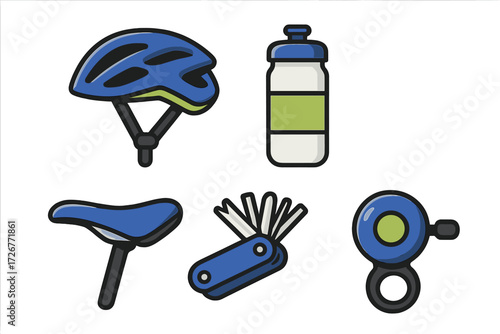 Collection of essential cycling accessories including helmet, water bottle, seat, multi-tool, and bell