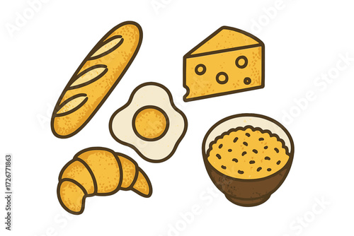 Diverse selection of breakfast and meal ingredients featuring freshly baked bread, a fried egg, creamy cheese, a flaky croissant, and a bowl of rice