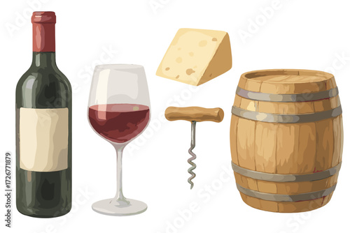 Elegant red wine bottle, full glass, delicious cheese, classic corkscrew, and rustic wooden barrel set