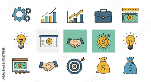 A crisp and modern flat design vector icon pack illustrating essential business operations, strategic planning, and financial growth concepts. Perfect for corporate presentation.