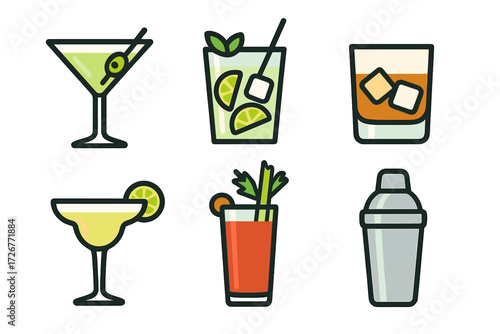 Assortment of classic cocktail beverages including martini, mojito, whiskey, margarita, and bloody mary with a bar shaker