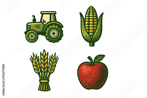 Collection of agricultural icons featuring a farm tractor, an ear of corn, a bundle of wheat, and a ripe red apple