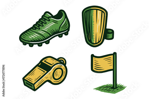 Soccer game equipment set with cleat, shin guard, whistle, and corner flag for sports competition