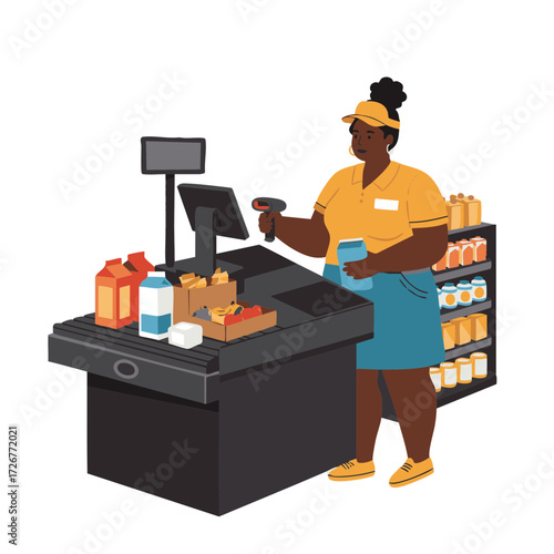 Plus-size Black woman scanning groceries at checkout counter flat vector
