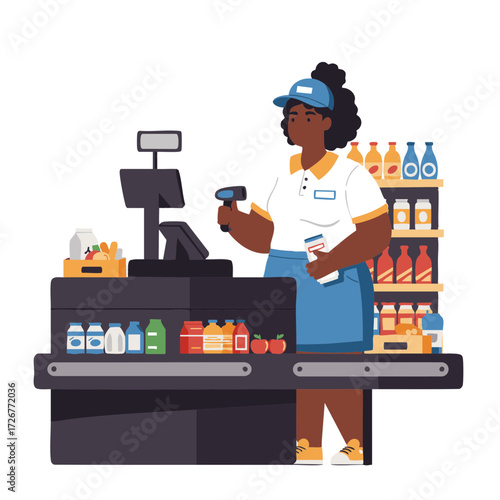 Plus-size Black woman scanning groceries at checkout counter flat vector