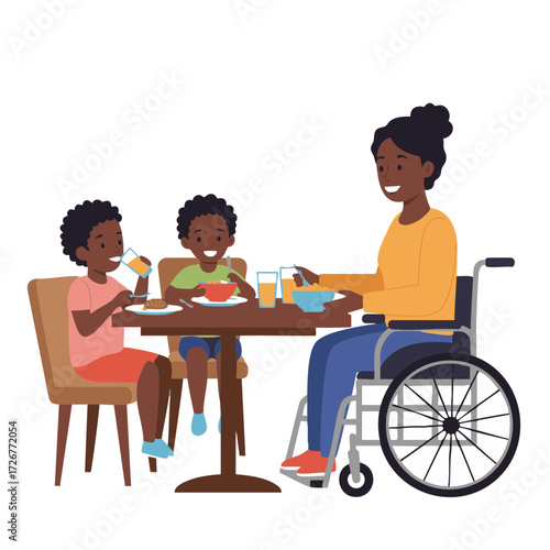 Young Black mom in wheelchair serving breakfast to kids at home