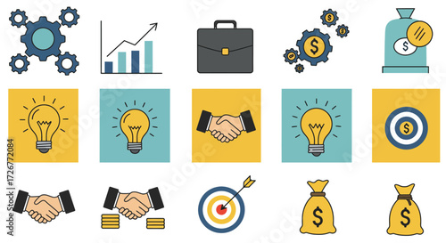 A crisp and modern flat design vector icon pack illustrating essential business operations, strategic planning, and financial growth concepts. Perfect for corporate presentation.