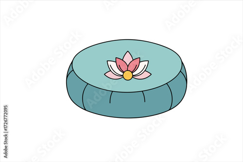 Illustration of a teal meditation cushion with a pink lotus flower design in the center, isolated on a white background.
