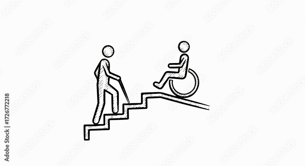 Fototapeta premium Accessibility design offers ramp and stairs as choices for people. Inclusive accessibility ensures building is equally usable. Universal accessibility concept highlights ramp and stairs,