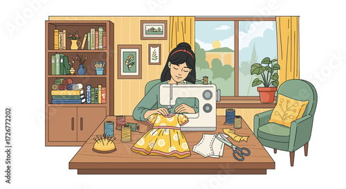 Illustration of a Young Woman Sewing a Floral Dress in Her Cozy Home Studio with a Sewing Machine and Sewing Supplies