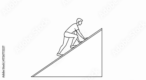 Person climbing a ramp depicted with a simple line drawing on clean white background. Climbing a ramp requires effort and can be a symbol of overcoming challenges, highlighting perseverance.