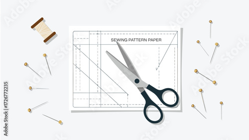 Sewing Notion Layout Featuring Pattern Paper, Scissors, Thread Spool, and Golden Pins on White Backdrop for Design and Crafting Projects