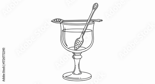 Intricate line art depiction of a mixing glass with bar spoon for professional cocktail preparation. Mixing glass contains liquid, along with a julep strainer resting atop,