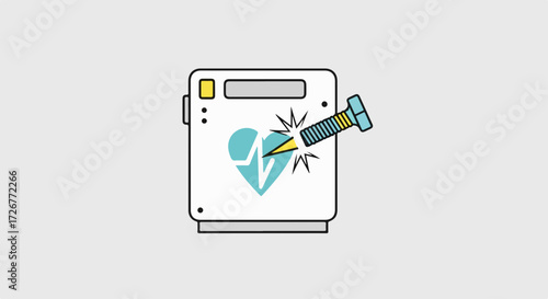 Automated external defibrillator for resuscitation. An automated external defibrillator for emergencies shows a heart graphic and an electrical jolt.