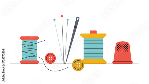 Colorful Sewing Supplies Composition: Thread, Needle, Pins, Buttons, and Thimble in a Flat Vector Style for Craft Projects and Design Applications.