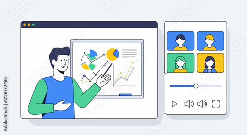 Virtual meeting with presentation on digital display shows team members in online conference, discussing project. Virtual meeting showing charts helps teamwork.
