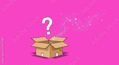 Mystery box concept with question mark above open cardboard package. Mystery box sparkles and intrigues, suggesting suspense and surprise.