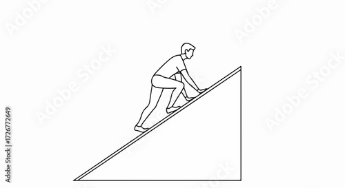 Man climbing obstacle depicted in simple line art, climbing obstacle course to reach top. Overcoming challenge requires strength and persistence. Concept climbing obstacle for self-improvement goals.