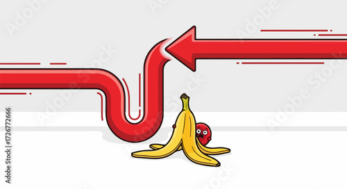 Slippery concept featuring a banana peel with red arrow, obstacle in path. Danger of slippery when arrow encounters ripe banana peel which is hurdle, hazard.