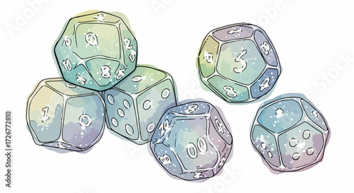 Set of polyhedral dice for tabletop games on white background. These dice are often used in role playing games, such as dungeons and dragons, perfect for enthusiasts.