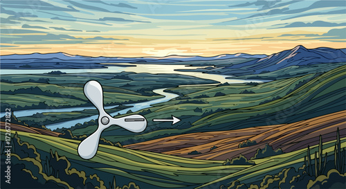 Propeller animation flying over green hills at sunrise. Animated propeller indicates progress or change. Concept propeller animation for alternative energy advertising.