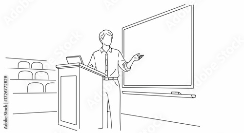 Line drawing teacher teaching at lectern with tablet, a teaching scene in black and white. This line drawing portrays teacher teaching or lecturing, standing in front of class with whiteboard.