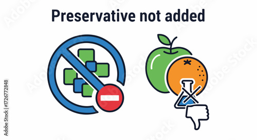 Preservative free food emblems display absence of additives in fresh fruits. Absence of additives makes preservative free food a healthy choice for consumers.
