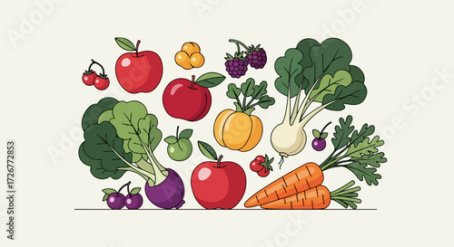 Fresh produce harvest, ripe fruit assortment featuring turnips, carrots, apples, and berries isolated against plain background. Produce harvest is ideal for healthy living and delicious meals.