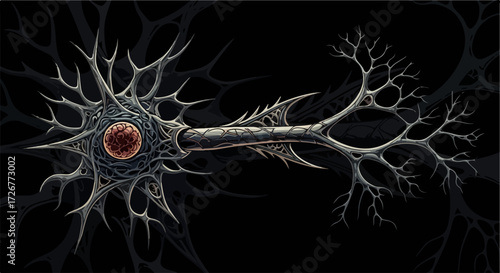Neuron illustration displays intricate neural network with complex cell body. Symbolic neuron visualizes data transmission and cognitive function, capturing essence of biological networks.
