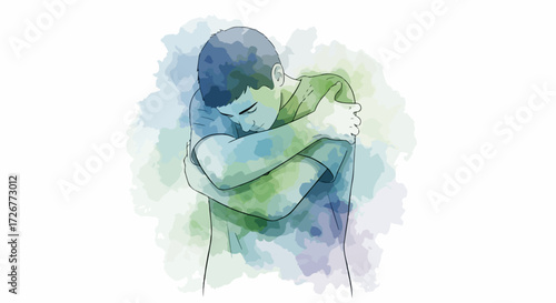 Boy covering face by elbow. Boy covering face as sign of distress. Feeling shame is expressed through gesture of boy covering face. Concept shame and distress.