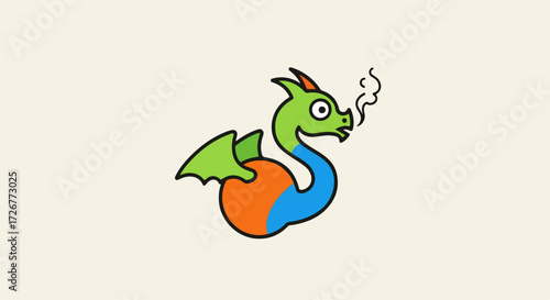 Cartoon dragon illustration with green head, smoke, wings, and orange body in studio. Cartoon dragon illustration, charming design for books or product.