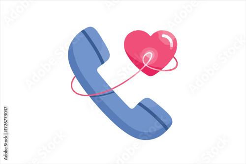 A blue telephone handset connected by a red wire to a pink heart shape, symbolizing love communication.