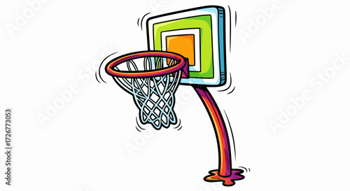 Basketball hoop drawing on clean background, a simple illustration showing equipment for sport. Basketball hoop equipment has white net with a orange, yellow, and green backboard.