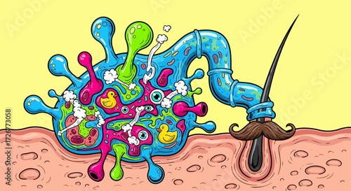 Conceptual virus illustration shows cartoonish germ structure attacking hair follicle, presenting virus with fanciful components. Virus presence on skin is indicated by mustache under hair follicle.