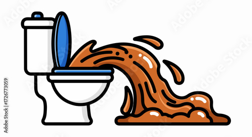 Overflowing toilet spews dirty water and sewage. Overflowing toilet causes a mess, showing poor plumbing and sanitation issues, highlighting need for maintenance and repair.