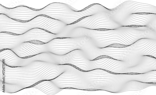 A mesmerizing digital tapestry of fine, undulating black lines flows across the canvas, creating a sense of fluid motion and rhythmic distortion.