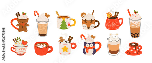 Christmas and Happy New Year set of drinks. Mugs and cups of hot coffee, punch, cacao with whipped cream, marshmallow and candy cane. Greeting card for Xmas, New year or winter holidays design.